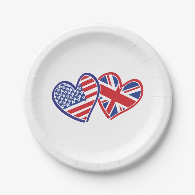 USA and UK Flag Hearts Paper Plate (Front)