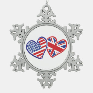 USA and UK Flag Hearts Snowflake Pewter Christmas Ornament