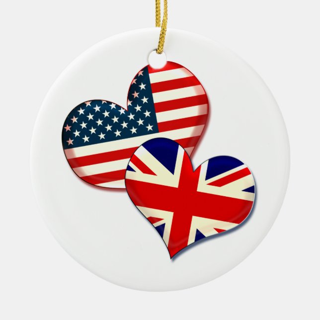 USA and UK hearts Ceramic Ornament (Front)