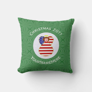 USA Angel Christmas Flag Personalized Text Throw Pillow