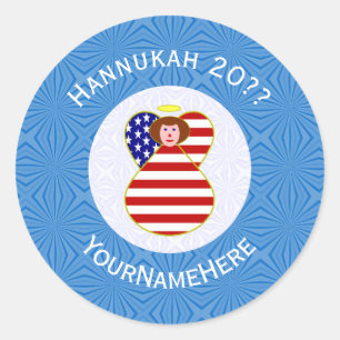USA Angel Red Hair Hanukkah Flag Personalized Classic Round Sticker