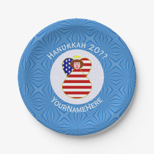 USA Angel Red Hair Hanukkah Flag Personalized Paper Plate