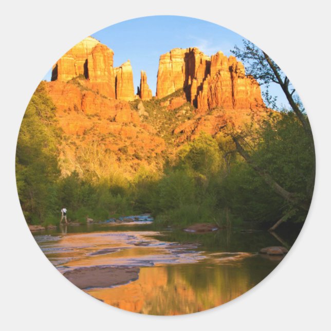 USA, Arizona. Cathedral Rock At Sunset Classic Round Sticker (Front)