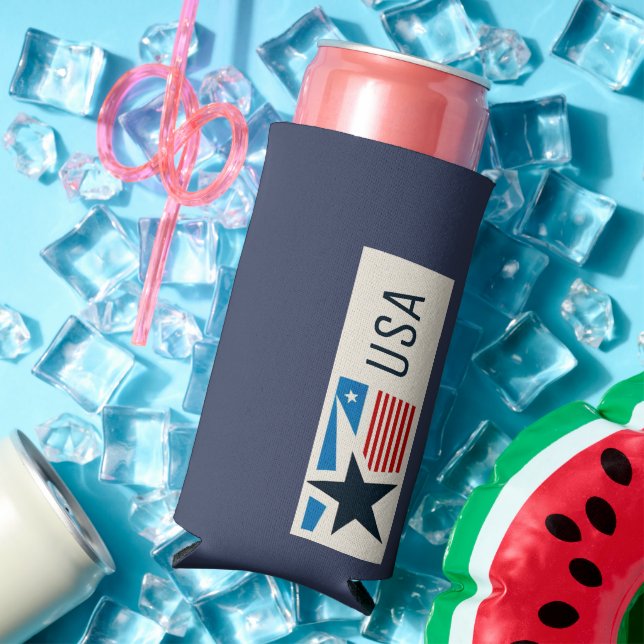USA Blue Navy Stars Stripes Seltzer Can Cooler (In Situ Summer)