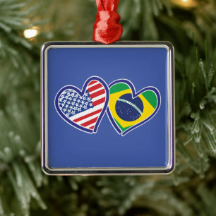 USA Brazil Love Hearts Metal Ornament