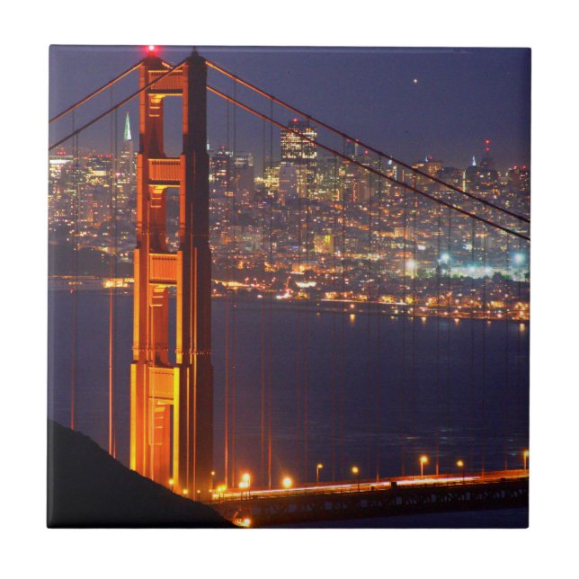 USA, California. Golden Gate Bridge At Night Tile (Front)