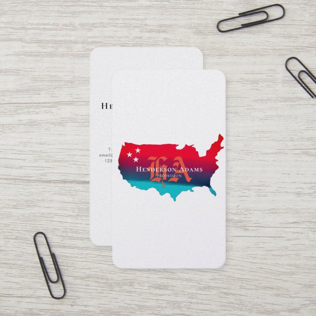 USA Carte Bleu Rouge Rubans Étoiles Monogramme Ver (Devant/Arrière en situation)