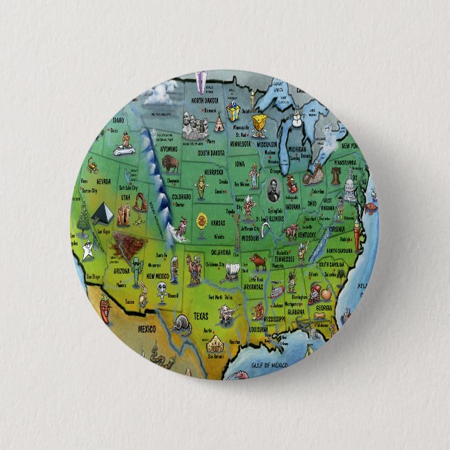 USA Cartoon Map 2 Inch Round Button (Front)