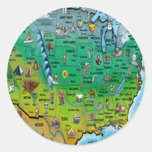 USA Cartoon Map Classic Round Sticker