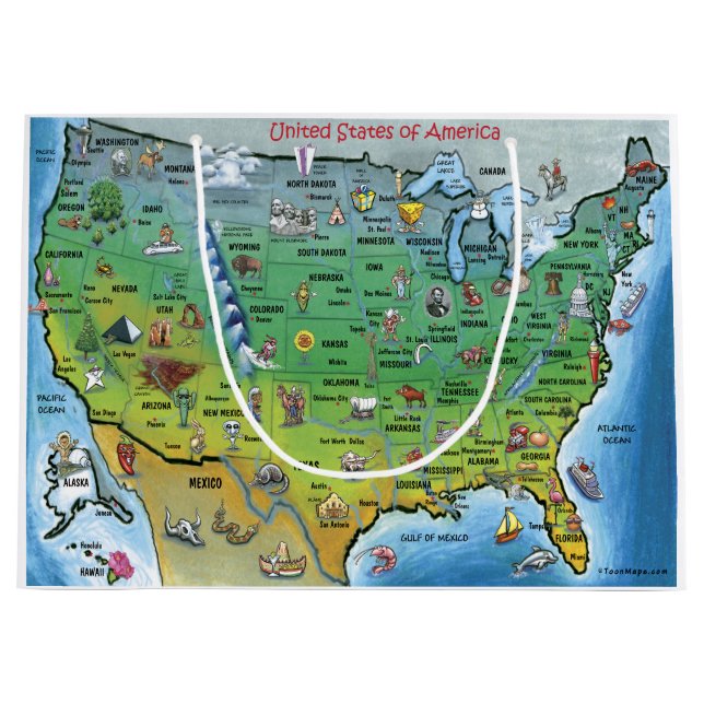 USA Cartoon Map Large Gift Bag (Front)