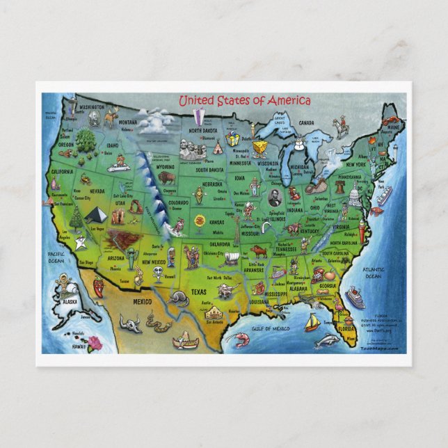 USA Cartoon Map Postcard (Front)