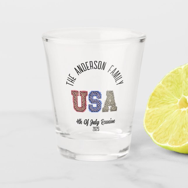 USA Cheetah Print Personalized Reunion Name Shot Glass (Front)