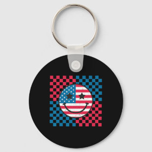 Usa Chequerboard 4th Of July Happy Face American  Keychain