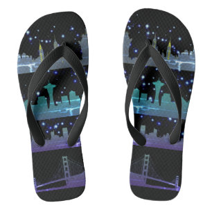 USA City Skylines Silver Nightlife with Stars Flip Flops