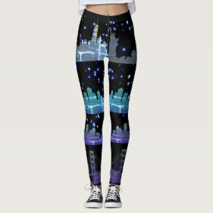 USA City Skylines Silver Nightlife with Stars Leggings
