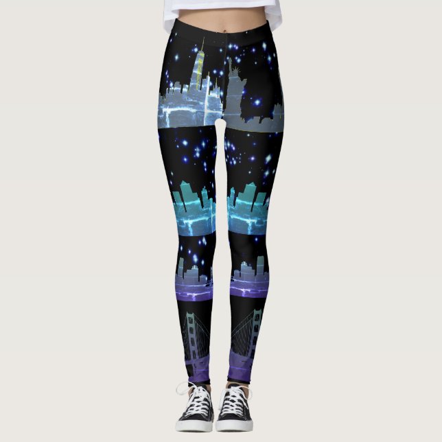USA City Skylines Silver Nightlife with Stars Leggings (Front)