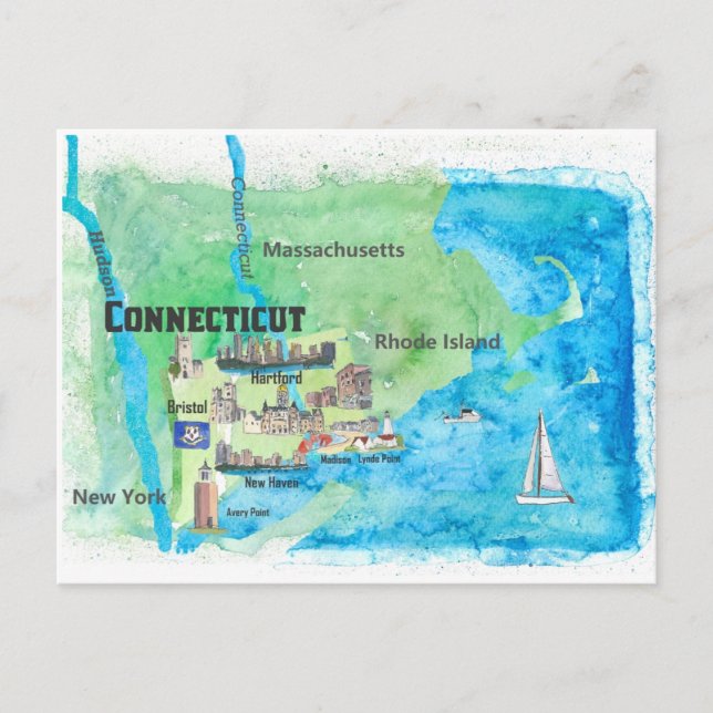 USA Connecticut Travel Map With Highlights  Postcard (Front)
