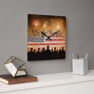 USA Constitution With Flag and Fireworks Square Wall Clock