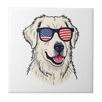 USA Dog Lover - Cool Pup with American Flag Shades Tile