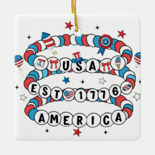 USA EST 1776 Beaded America Design Ceramic Ornament