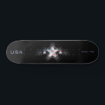 USA Estd. 1776 Skateboard<br><div class="desc">This attractive design features a photo-realistic chrome three-star dual layered emblem with a superimposed American flag. It is set against a black background and captioned with: USA ESTD 1776. Easily edited and personalized.</div>
