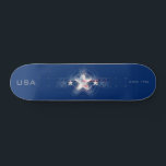 USA Estd. 1776 Skateboard<br><div class="desc">This attractive design features a photo-realistic chrome three-star dual layered emblem with a superimposed American flag. It is set against an Old Glory Blue background and captioned with: USA ESTD 1776. Easily edited and personalized.</div>