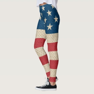 USA faux burlap flag Leggings