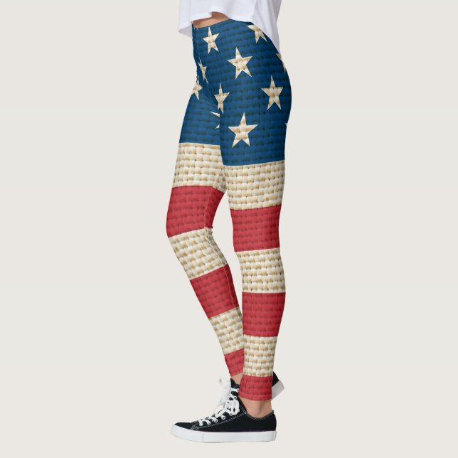 USA faux burlap flag Leggings (Left)
