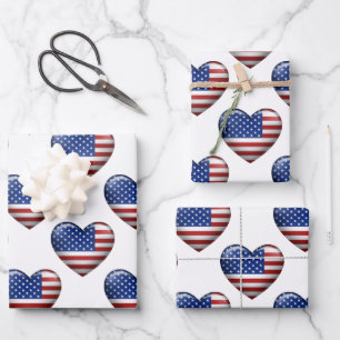 USA Flag   3D Heart Icon Wrapping Paper Sheet