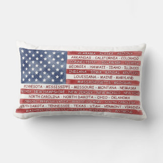 USA Flag 50 State Names Watercolor Patriotic Lumbar Pillow