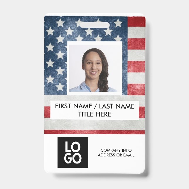 USA Flag American Custom Employee Photo Name Badge (Front)