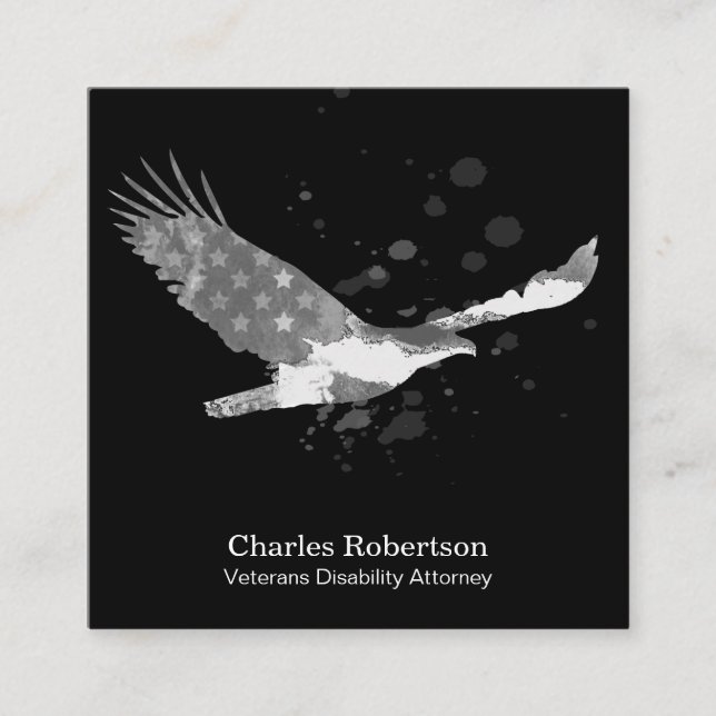 *~* USA Flag American Eagle Grey Grey on Black Square Business Card (Front)