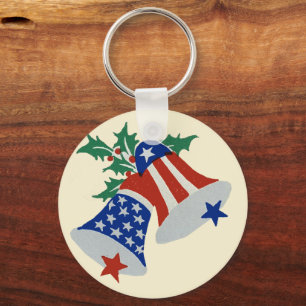 USA Flag American Patriotic Christmas Bells Art Keychain