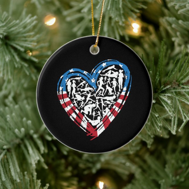 USA Flag American Runner - Running Heart Ceramic Ornament (Tree)