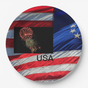 USA Flag and fire works  Paper Plate