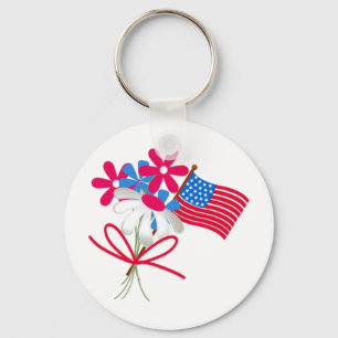 USA FLag and Flowers Keychain