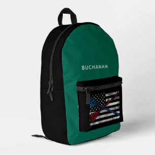 USA Flag and Lacrosse Bats Green Black Personalize Printed Backpack