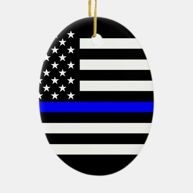 USA Flag Black and White Thin Blue Line Ceramic Ornament (Back)