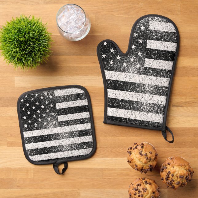USA flag black white faux sparkle patriotic bling Oven Mitt & Pot Holder Set (Top Down)