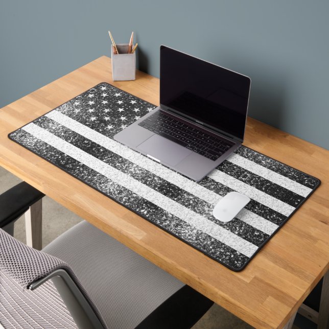 USA flag black white silver sparkles America Desk Mat (Office 2)