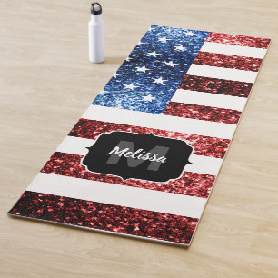 USA flag blue sparkles glitter Monogram Yoga Mat