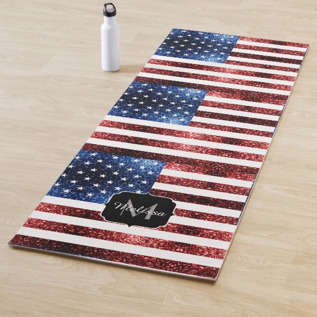 USA flag blue sparkles glitter pattern Monogram Yoga Mat (In Situ)