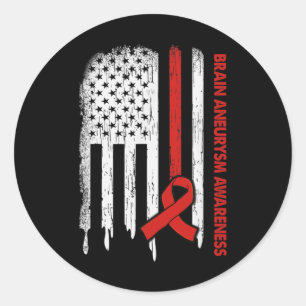USA Flag Burgundy Ribbon Brain Aneurysm Awareness Classic Round Sticker