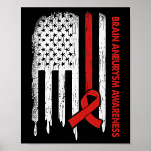 Usa Flag Burgundy Ribbon Brain Aneurysm Awareness  Poster