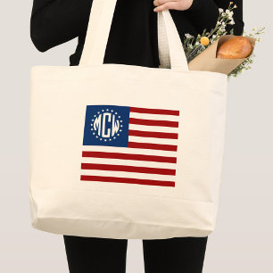 USA Flag Circle Monogram W Stars #2 Large Tote Bag