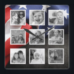 USA Flag Create Your Custom Photo Collage Square Wall Clock<br><div class="desc">Create your own personalized 9 photo with white frame on Instagram photo collage wall clock with your custom images on a modern USA flag background. Add your favourite photos, designs or artworks to create something really unique. To edit this design template, simply upload your own image as shown above. Treat...</div>
