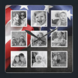 USA Flag Create Your Custom Photo Collage Square Wall Clock<br><div class="desc">Create your own personalized 9 photo with white frame on Instagram photo collage wall clock with your custom images on a modern USA flag background. Add your favourite photos, designs or artworks to create something really unique. To edit this design template, simply upload your own image as shown above. Treat...</div>