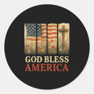 Usa Flag Cross God Bless America Floral Christian Classic Round Sticker