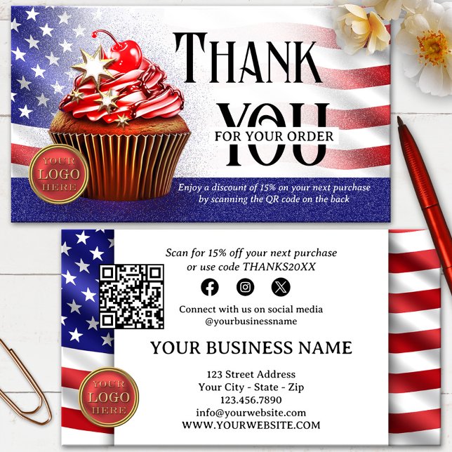 USA Flag Cupcake QR Code Thank You For Your Order Business Card (Thank you for your order business card featuring a festive cupcake with the American flag - QR code)