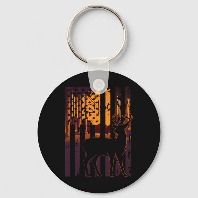 Usa Flag Deer Hunting Setting Sun Funny Bow Hunter Keychain (Front)